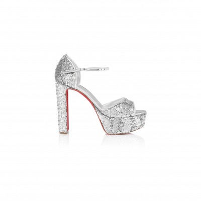CHRISTIAN LOUBOUTIN SANDALOO MINI PAILLETTES 130 MM STRAPPY SANDALS-CREPE SATIN AND SEQUINS-VERSION SILVER-WOMEN 1250312S281